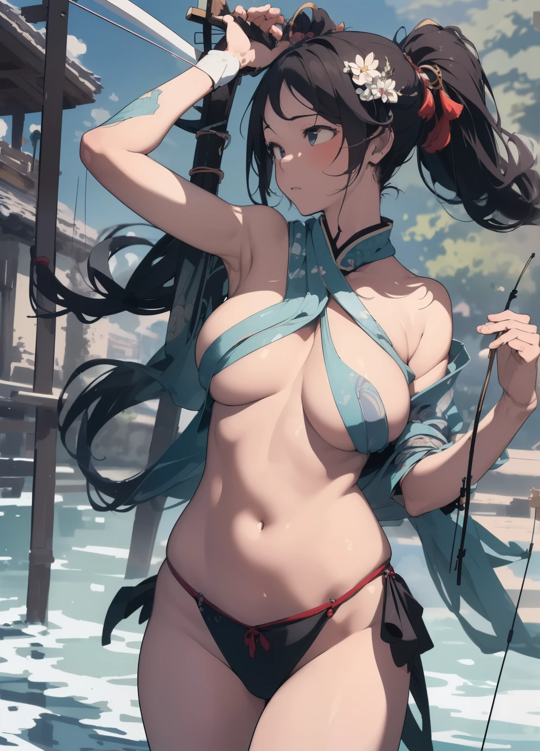 (masterpiece、Highest quality、Highest quality、Official Art、Beautiful and beautiful:1.2)、(One person:1.3)Hatsune Miku、Twin tails,Beautiful breasts, Katsushika Hokusai,Front view , Chinese Female Warrior, (One personが弓矢を描いています, Showcasing oriental archery style:1.3)(Surrealism, 超High resolution, retina, Accurate, masterpiece, Anatomically correct, Textured skin, Super Detail, Attention to detail, Highest quality, High resolution)