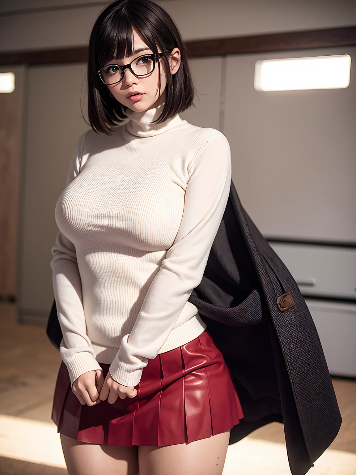 masterpiece,best quality, highly detailed, score_9, score_8_up, score_7_up, score_6_up,source realistic,
BREAK
Snow White, 1girl, skirt, micro sweater, breasts, glasses, large breasts, short hair, turtleneck, brown eyes, freckles, black-framed eyewear, brown hair, bangs, blunt bangs, microskirt, red skirt, bob cut, night, pleated microskirt, open mouth, solo, lips, naughty face, finger on lips, blushing, pov random view, thicc thighs,