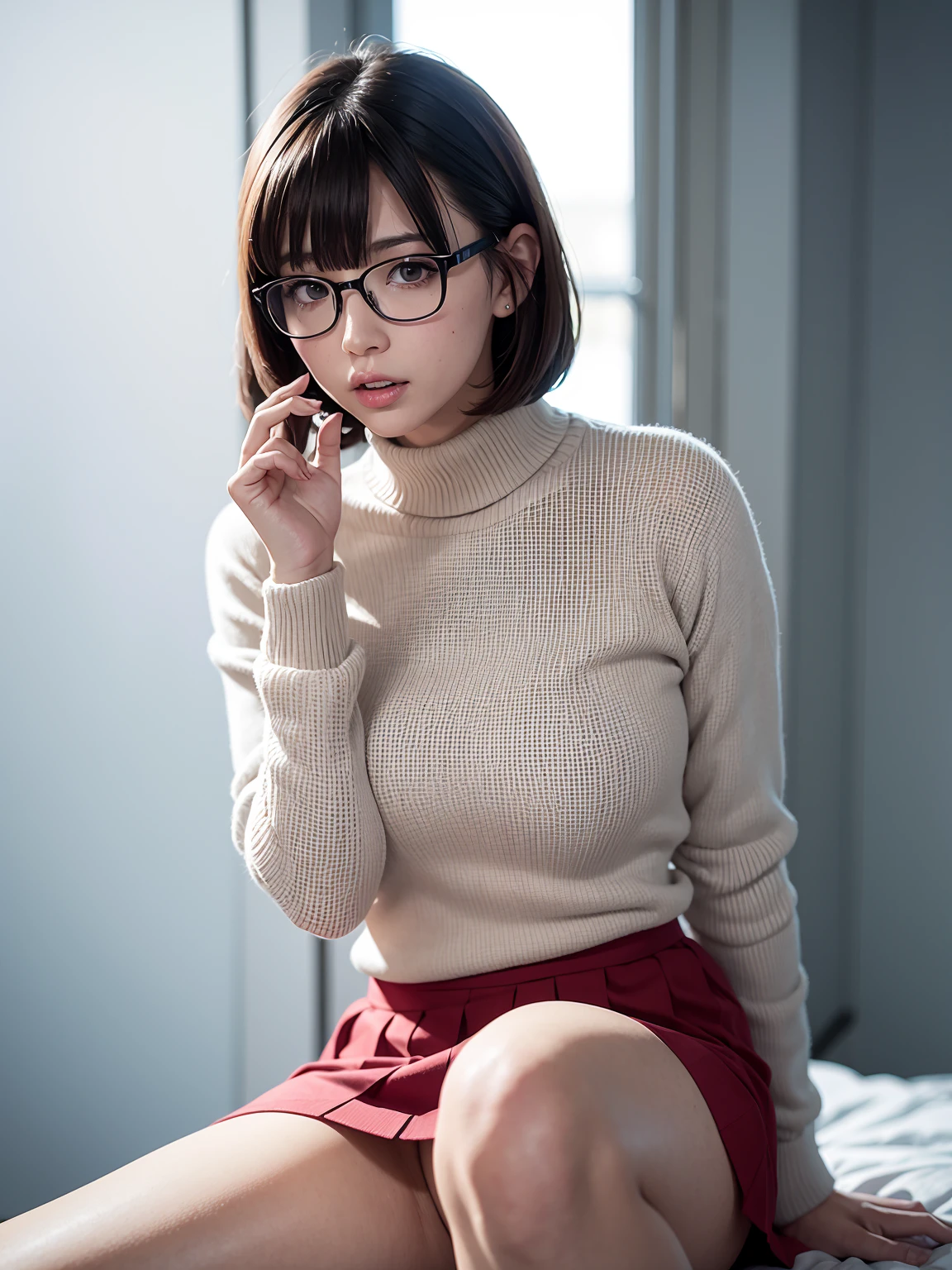 masterpiece,best quality, highly detailed, score_9, score_8_up, score_7_up, score_6_up,source realistic,
BREAK
Snow White, 1girl, skirt, micro sweater, breasts, glasses, large breasts, short hair, turtleneck, brown eyes, brown hair, bangs, blunt bangs, microskirt, red skirt, bob cut, pleated microskirt, open mouth, solo, lips, naughty face, finger on lips, random angle, thicc thighs,