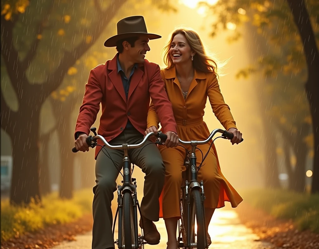 movie「Shoot for Tomorrow!」、Paul Newman as Butch Cassidy and Katharine Ross as Etta Place riding a bicycle together、theme song「Even if it gets wet in the rain」Background music、beautiful and detailed portrait、1960s style、Vibrant colors、Nostalgic atmosphere、rain in the background、Sunlight filtering through the trees、Warm lighting、movieのような構成、Dynamic Movement、Photorealistic、Very detailed、(Highest quality、4K、8k、High resolution、masterpiece:1.2)、Super detailed、(Real、Photorealistic、Photorealistic:1.37)