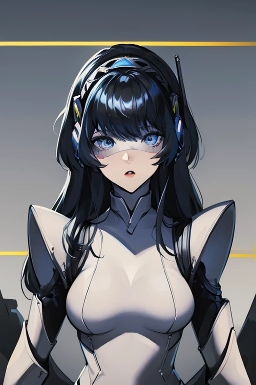 empty eyes,robotized woman ,big bust,Robot Joint ,Metal skin,Black Suit,long hair,a suit that covers the whole body,aegis(persona3)