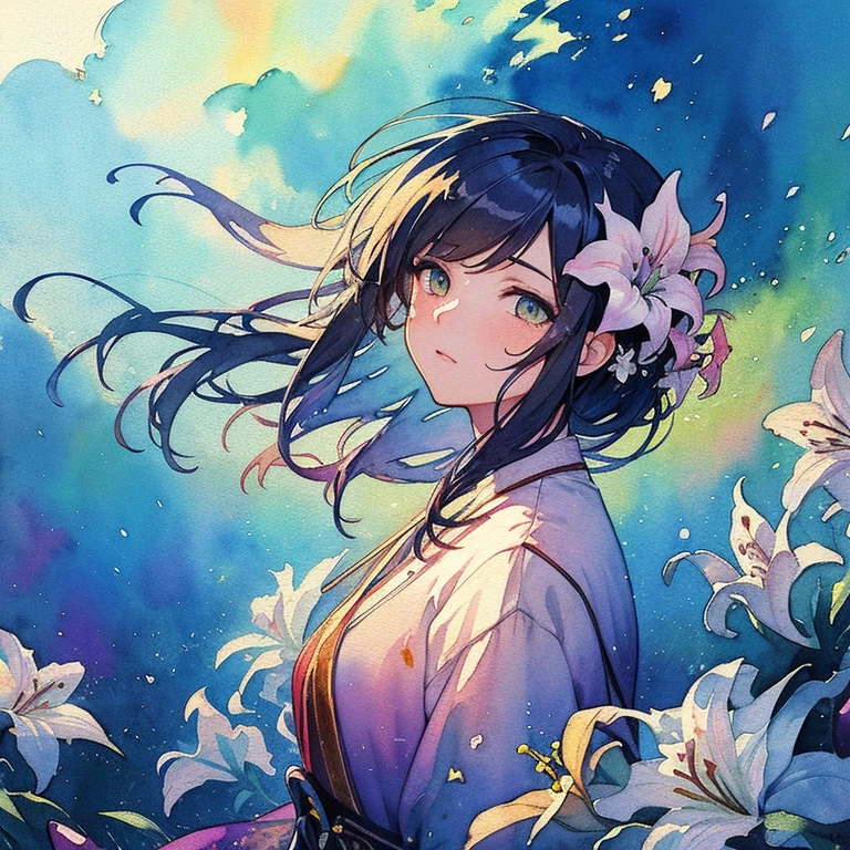 wtrcolor style, digital art of (lilies), official art, blown by the wind, masterpiece, beautiful, ((watercolor)), paint splatter, intricate details. Great detail, [dripping:0.5], trending on Artstation, Rachel Walker