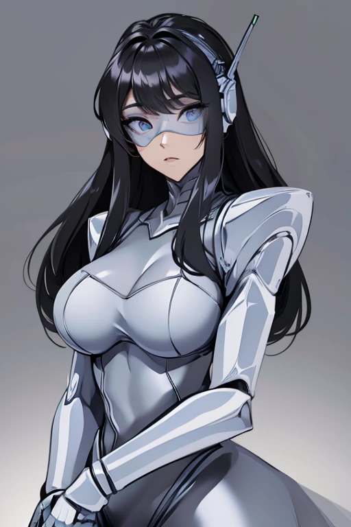 empty eyes,robotization,woman ,big bust,Robot Joint ,Metal skin,Black Suit,long hair,a suit that covers the whole body