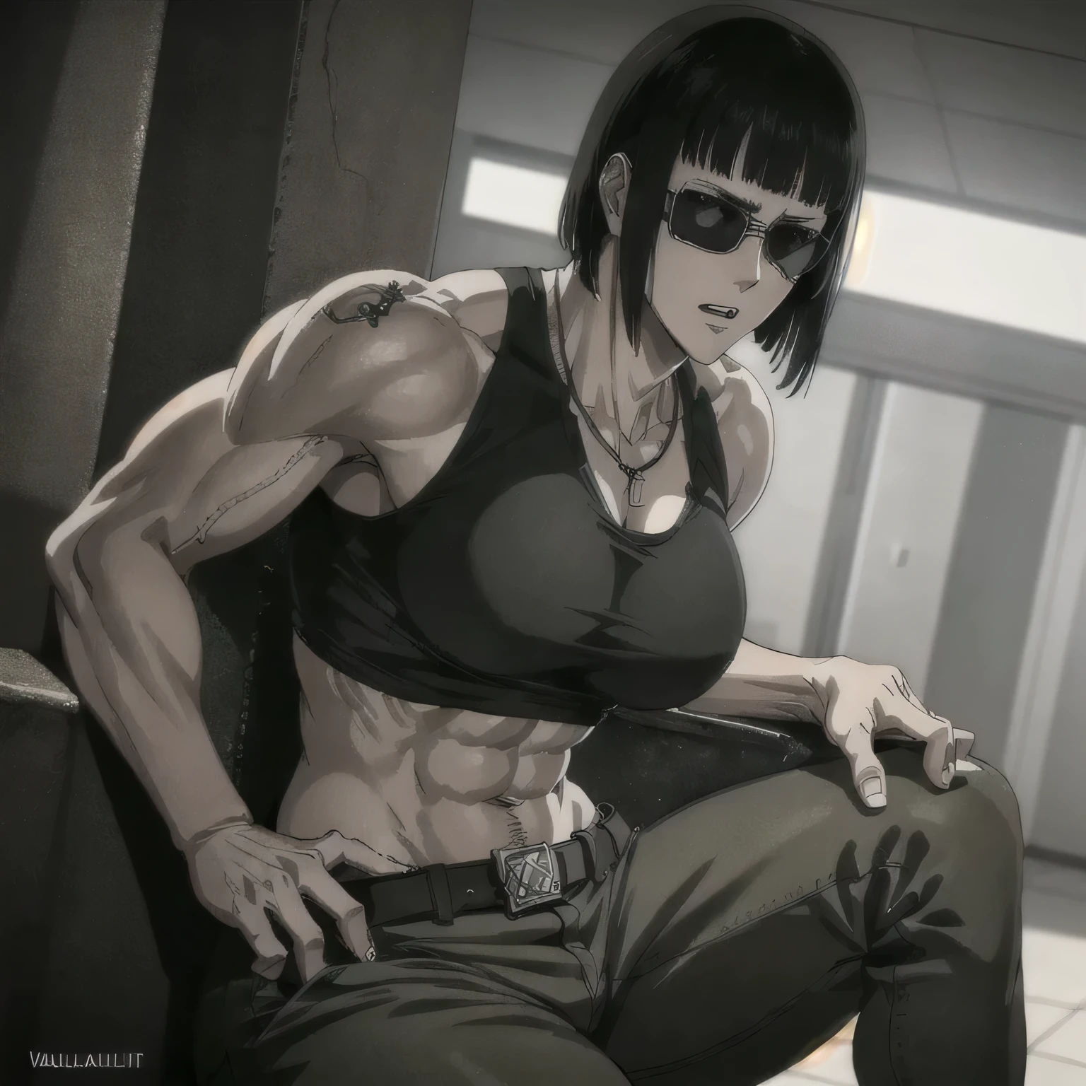 (best quality,ultra-detailed,realistic:1.37),musclaur badass girl with sculpted body with preview her musclaur body and six-pack, full review of the female character face and body, intense expression, strong and confident posture, studio lighting, vivid colors, physiologically-based rendering, grungy texture, rugged background, dust particles in the air, commanding presence, professional, powerful, gritty aesthetics,,Valmet،short hair,necklace,clean muscles،wearing military combat trousers with belt and sport midriff tank top, tattoos on shoulders,clean clothes,sunglasses,Shining muscles,muscle protrusion,solo,eyepatch,sitting on chair,Kings session,high aura,arm at side,angle from side Valmet,4K,HD,handsome face,koko with valmet