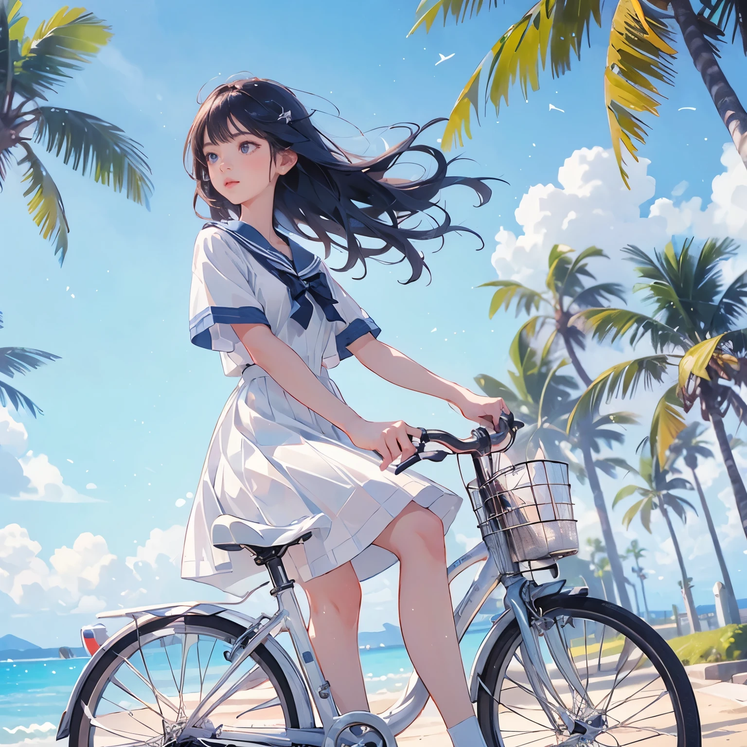 (A riding a white bicycle)、Small and cute、A white sailor dress with short sleeves、Palm tree, Summer blue sky, (Highest quality, masterpiece, High resolution)、8k、wallpaper、