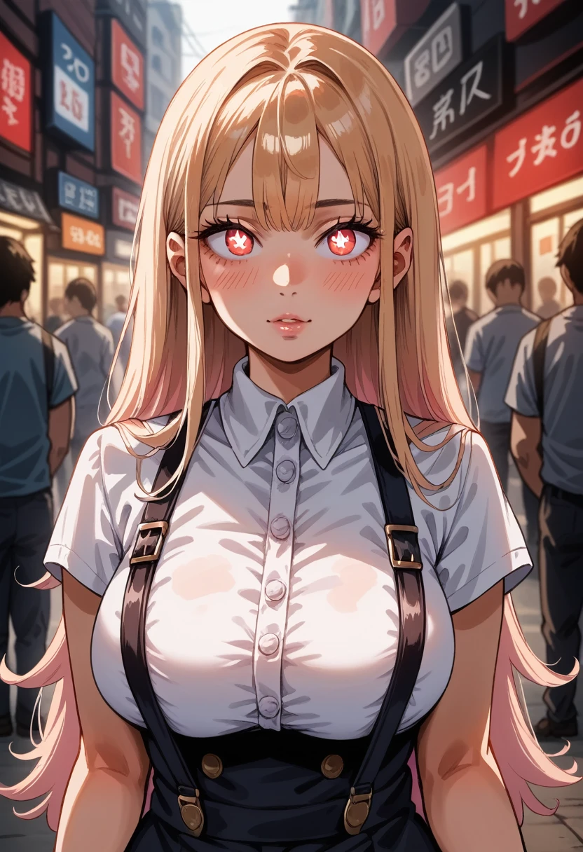 street,(Keisan:1.5), close up, masterpiece, best quality, original photo, realistic, face, big breasts, pink gauze slip dress, incredibly ridiculous, beautiful girl, cute, light yellow long hair, short suspenders, depth of field, high resolution, hyperdetail, fine detail, very detailed, very detailed eyes and face, sharp pupils, realistic pupils, sharp focus, cinematic lighting,