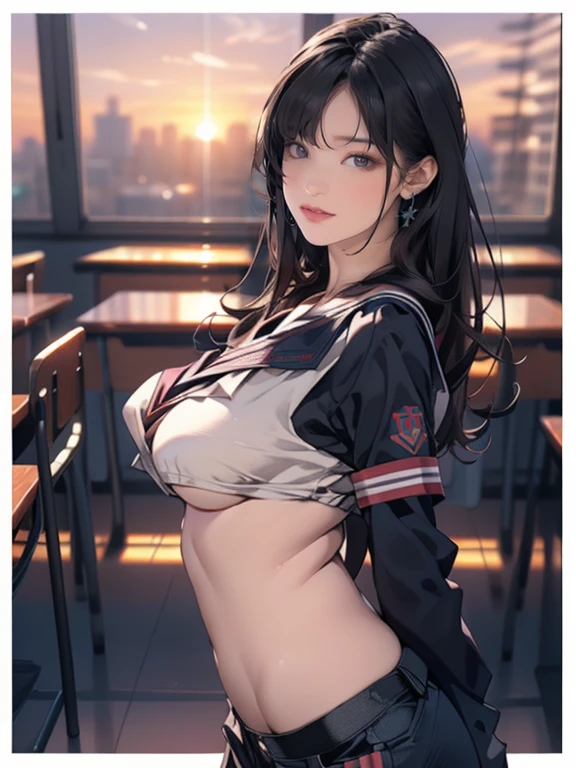 (8k,Photorealistic, masutepiece, Best Quality, Raw photo:1.3)、1girl in, 18years old,Solo,school girl, Long hair, Brown hair, Detailed beautiful face, alluring face, (Detailed beautiful brown eyes:1.2), medium breasts,(underboob:1.3),(coverd nipples:1.1),(loos sailer uniform :1.35), ( Perfect body skinny beauty: 1.4),( temptation Pose:1.3), (Looking at Viewer, front view,eyes focus:1.2), Detailed background, (sunset:1.2), classroom,fine detailed, intricate detailes,  Ray tracing, depth of fields, seductive smile,classroom,