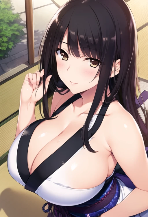 (8k, RAW photo, best quality, masterpiece:1.2),
1girl,solo,mature female,black hair,brown eyes,long hair, (huge breasts:1.1), cleavage,((japanese clothes, bare shoulders)),looking at viewer,leaning forward,
outdoors,