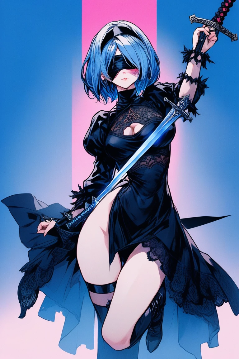Illustrator, anime , Realistic ,sketch , 1 person, model, lip, A translucent gothic black mini dress with lots of lace, blindfold, eye covered, black blindfold, order, Blue gradient background, Neon Color Hair, Big Breasts,Upper Body, Sexy look, Sexy pose, I have a long medieval sword., Texture Trim, Russia, (masterpiece,Highest quality)