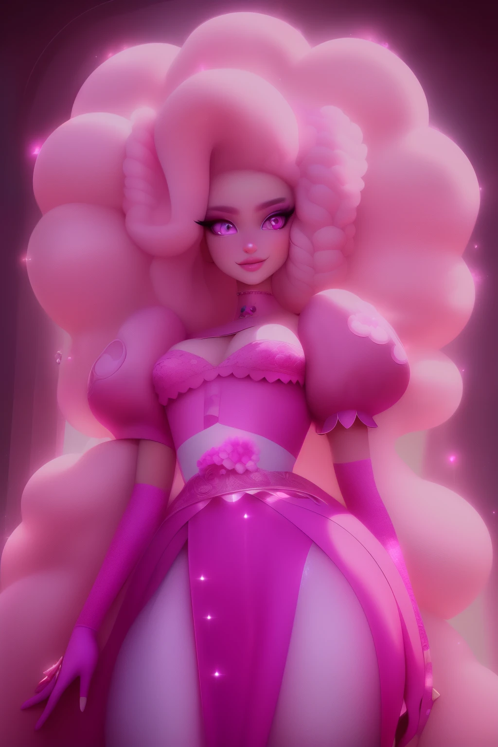 pnkdamond, pink hair, pink eyes, long hair, stomach gem, pink skin, toned,
puffy short sleeves, elbow gloves , white thighs, Puffy dress,
standing, Upper part of the body,
outer space,
(incredibly detailed, beautiful detailed face,Beautiful detailed eyes, Masterpiece, Best Quality) cinematic lighting, SMILE,