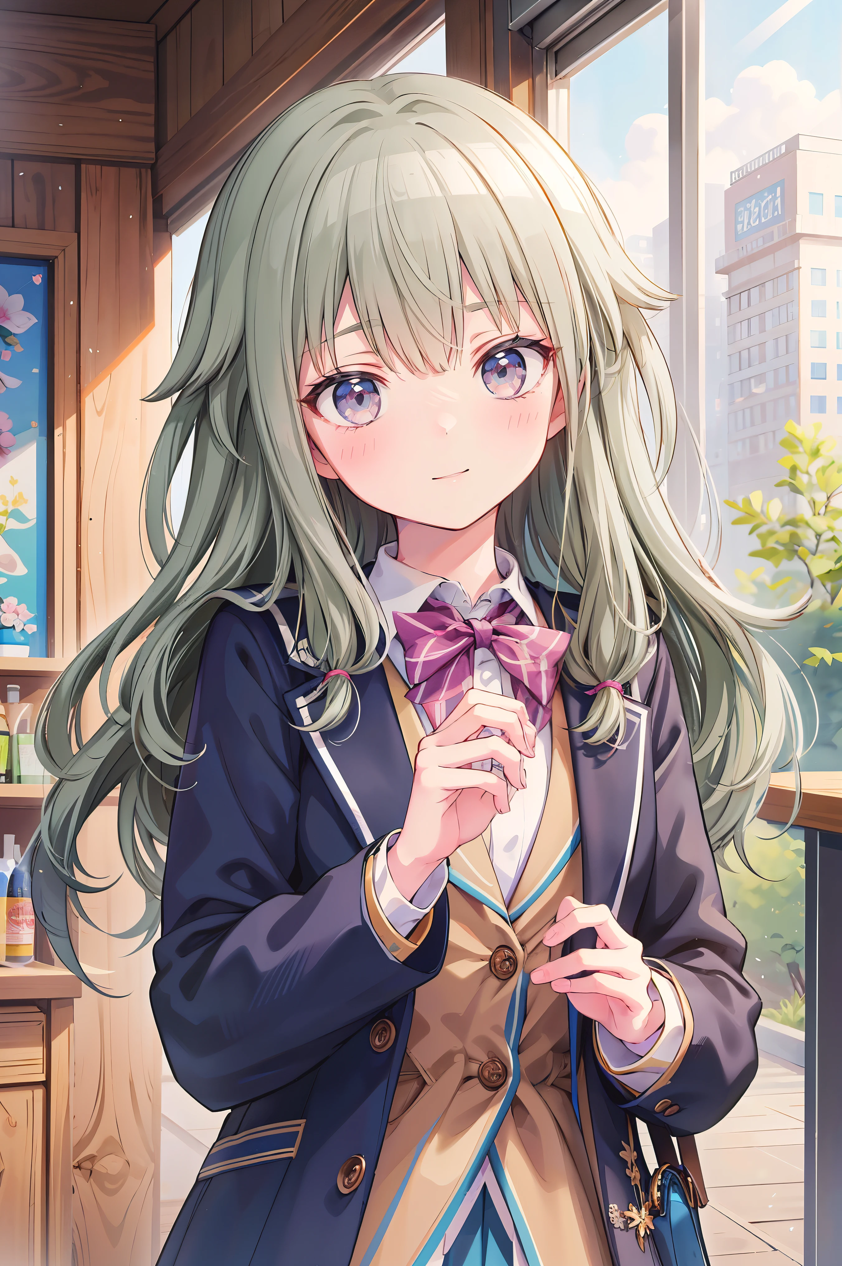 (8k, 最high quality)、Ultra-high resolution、adorable、最high quality, beautiful, (((Absurd beauty)))、masterpiece、Best image quality、(Front facing)、good feeling、smile,Face the camera、Delicate eyes、smile、Small face、masterpiece, Most detailed、school uniform、blazer、high quality、Shiny Hair、Very fine and beautiful bright eyes、Medium chest、nose blush、Very detailed, clear and beautiful face, Awards, (Anatomically correct)