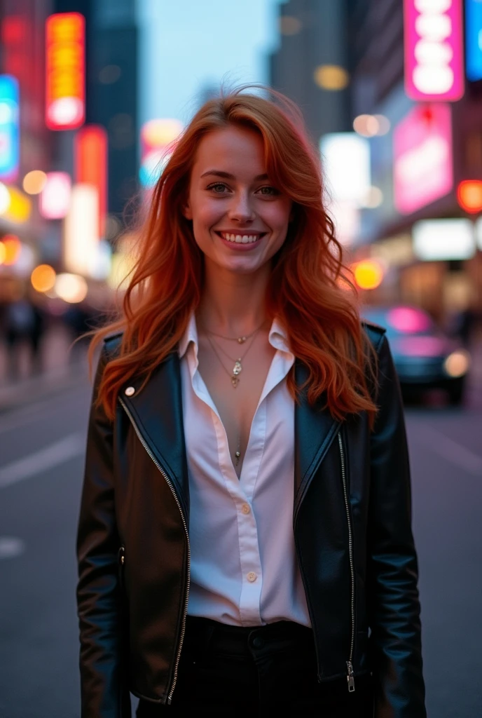 Create an image of a beautiful 18 year old woman with white skin, she looks young, red hair and orange eyes like the color of fire, put on a white shirt with a leather jacket and black pants, make her smile and have a city background