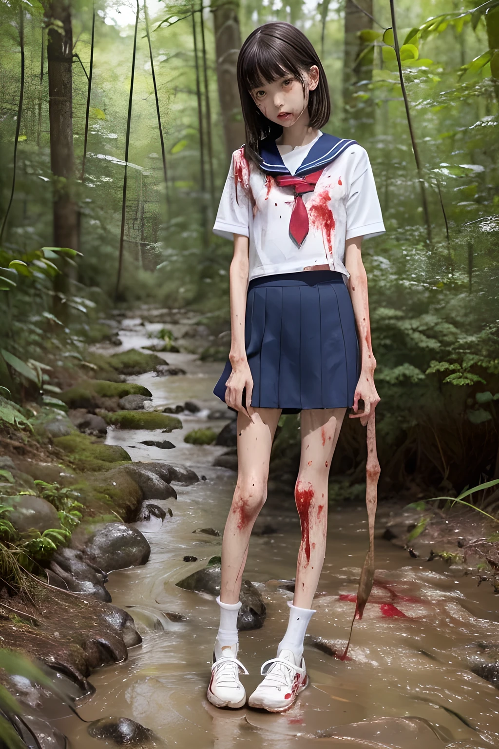 (8K、RAW Photos、highest quality、masterpiece:1.2), (Realistic、Photorealistic:1.2), (High resolution skin:1.1), Beautiful young girl,japanese, 13 years old,small breasts,(Slender girl:1.4),(Thin legs:1.4),dark blue mini skirt,sailor suit, (White socks), Short sleeve,sneakers, whole body,forest,standing,(muddy),(wounds,bloody legs:1.4)