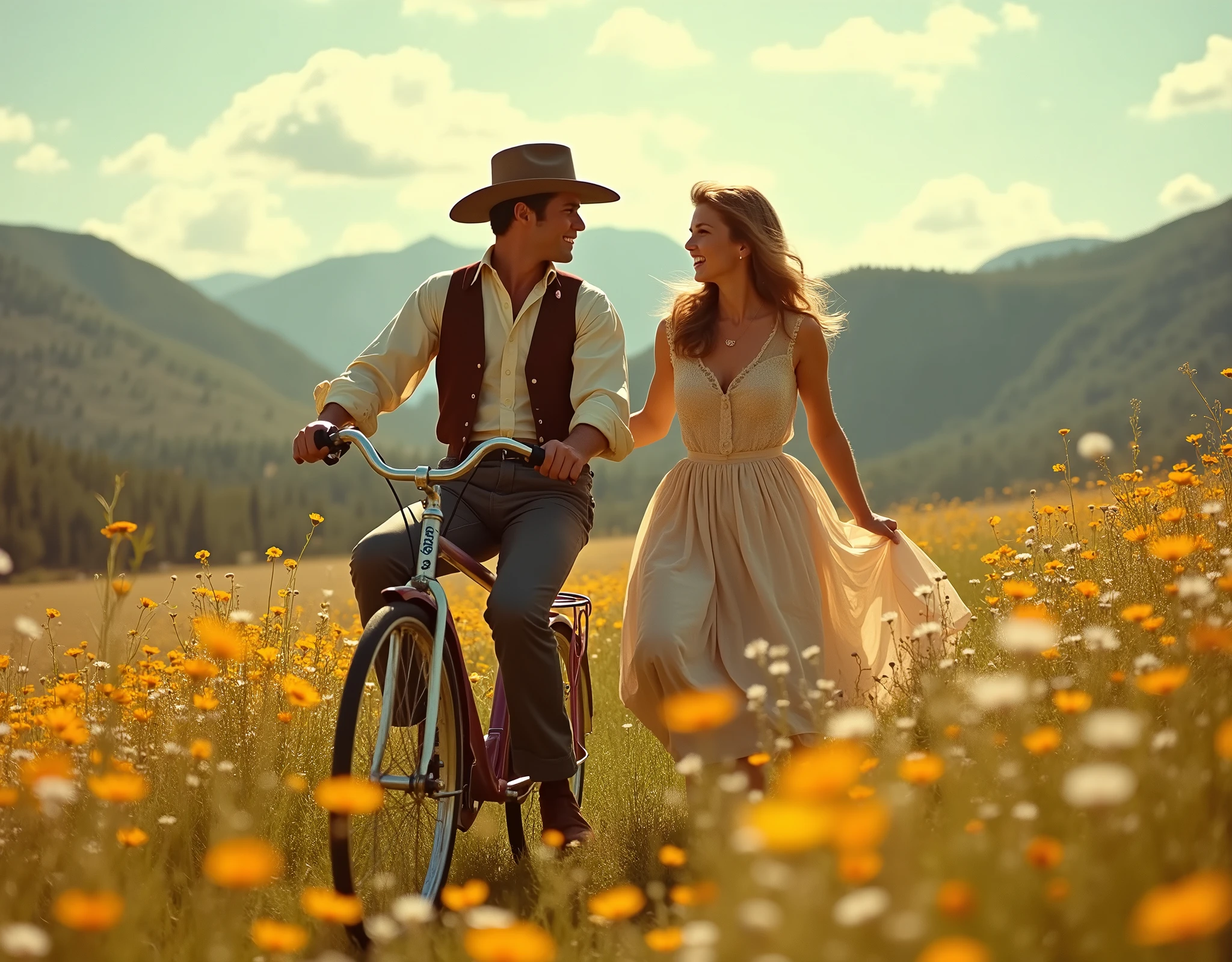 movie「Shoot for Tomorrow!」、Paul Newman as Butch Cassidy and Katharine Ross as Etta Place riding a bicycle together、theme song「Even if it gets wet in the rain」Background music、