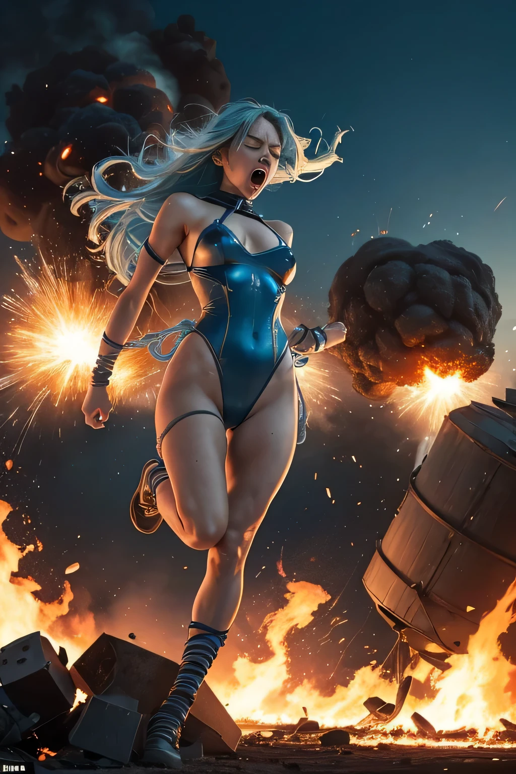 superheroine, long long gorgeous light blue hair, slender body, ((rough rope wrapped around body, tighten up)), latex, leotard, sky blue and white costume, captured, shibari, static restrained, ((arms behind back)), chained, rope bind, collared, cruelly, painful, helpless, humiliating, regrettable, ((screaming in pain)), ((running away desperately)), ((brown away by huge explosion)), impatient, falling body, eyes closed, ((flames explode around her)), ((many landmines exploding)), ((directly exposed to the explosion)), lean back, body lying down, body fall down, floating in air, full body shot, in wilderness