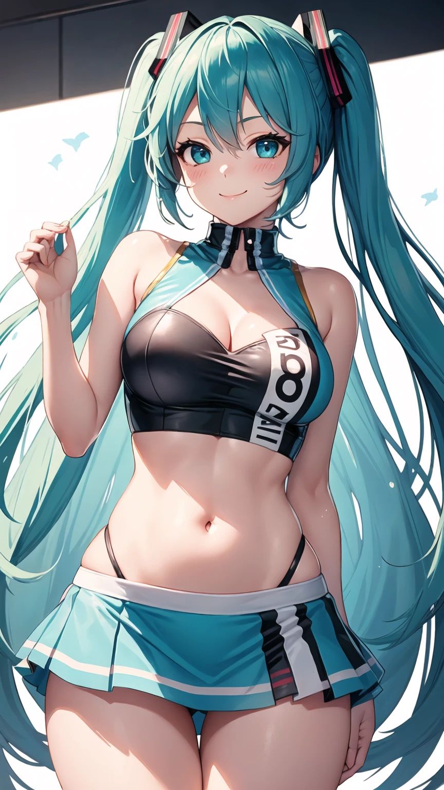 ((Tabletop, Highest quality, High resolution, Hmph, Pixel perfect, Depth of written boundary, 4K, )), One Girl, alone, , Beautiful Anime, Beautiful art style, close, View your viewers, Perfect body, Hatsune Miku・VOCALOID, Light blue hair, (Large Breasts), belly button, Blush all over face, smile, Thighs Thighs Thighs Thighs, ((Race Queen)), mini skirt, High leg, White Background, Take the lead, Raise the checkered flag, Cowboy Shot, concentrated,
