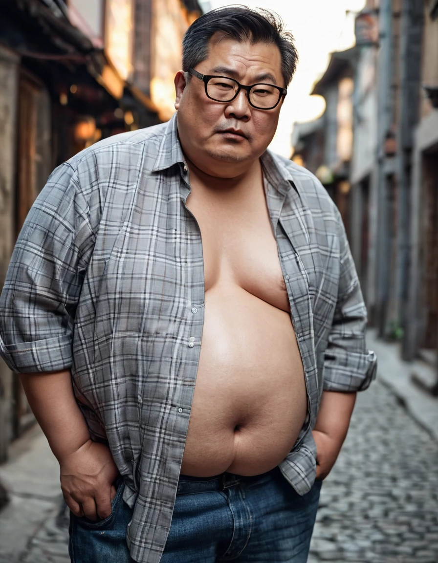 Man, Asian, 50 years old, Fat, Chubby, wearing glasses,( Put on a thin, light grey plaid shirt, Unbuttoned the shirt ), unbuttoned, shirtless, Shirtless, wear Jeans, in the old town, looking sad, beautiful lighting, Top view.