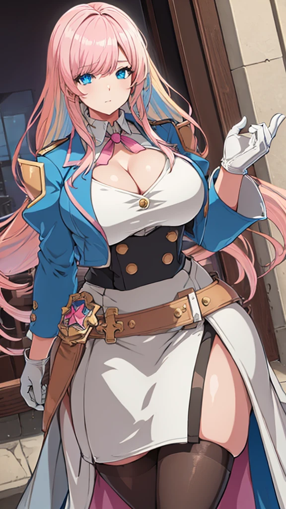 High detailed, masterpiece, High detailed, 1 girl, solo, pink hair,, Blue eyes, big busty, firm chunky body , BLUE jacket, white shirt, , deep cleavage, Juliet sleeves, pencil skirt, black thighhighs, white gloves, tall, Very prideful expression 