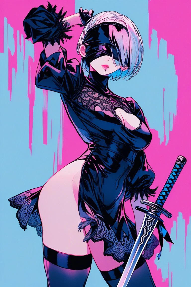 Illustrator, anime , Realistic ,sketch , 1 person, model, lip, A translucent gothic black mini dress with lots of lace, Delicate lace blindfold, eye covered, black blindfold, order, Blue and pink gradient background, Neon color ponytail, Big Breasts,Upper Body, Sexy look, Sexy pose, Holding a long sword, Texture Trim, Russia, (masterpiece,Highest quality)