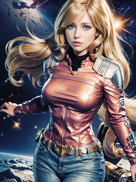 Anime style female character inspired by vintage space opera aesthetics, with elongated facial features, 165 cm tall, having blond, waist-length, wavy hair with V bangs, and blue eyes. She is wearing tight skinny jeans with high boots over them, adding an equestrian touch to her ensemble. The character's design reflects a blend of space opera elements and a realistic body proportion, highlighting her strong yet feminine presence.