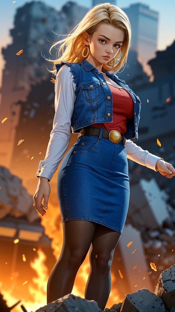 (ultra realistic,32k, masterpiece:1.2),(high detailed skin:1.1),( high quality:1.1),
android 18, 1girl, solo, (blue eyes:0.70), long hair, blonde hair, earrings,denim skirt, blue skirt, pencil skirt, black shirt, long sleeves, striped sleeves, brown belt, black pantyhose, denim vest, blue vest,,huge breast,large breast,,(looking at viewer, standing, from above:1.1),, (lighting:1.1), (tattered torn clothing:1.1), destroyed buildings, collapsed buildings,(falling rocks,falling particles:1.1),fire, smoke, blurry background,