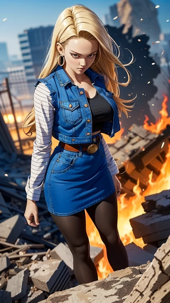 (ultra realistic,32k, masterpiece:1.2),(high detailed skin:1.1),( high quality:1.1),
android 18, 1girl, solo, (blue eyes:0.70), long hair, blonde hair, earrings,denim skirt, blue skirt, pencil skirt, black shirt, long sleeves, striped sleeves, brown belt, black pantyhose, denim vest, blue vest,,huge breast,large breast,,(looking at viewer, standing, from above:1.1),, (lighting:1.1),   (tattered torn clothing:1.1), destroyed buildings, collapsed buildings,(falling rocks,falling particles:1.1),fire, smoke,  blurry background,