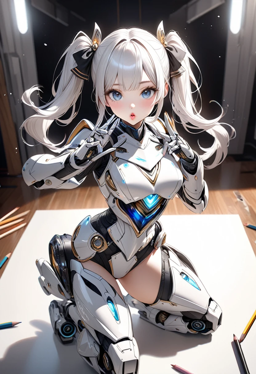 A girl in a twin-tails hairstyle, beautiful detailed eyes, beautiful detailed lips, extremely detailed face, long eyelashes, mechanical barrette, flashy robot armor covering the whole body, stylish robot armor, the girl turns around, sticks her butt out towards the viewer, blows a kiss, cute gestures, pencil line drawing, pencil blur effect, black and white, (Perfect five-finger depiction:1.5),masterpiece, hyper detailed, high quality, photorealistic, dynamic pose, cinematic lighting