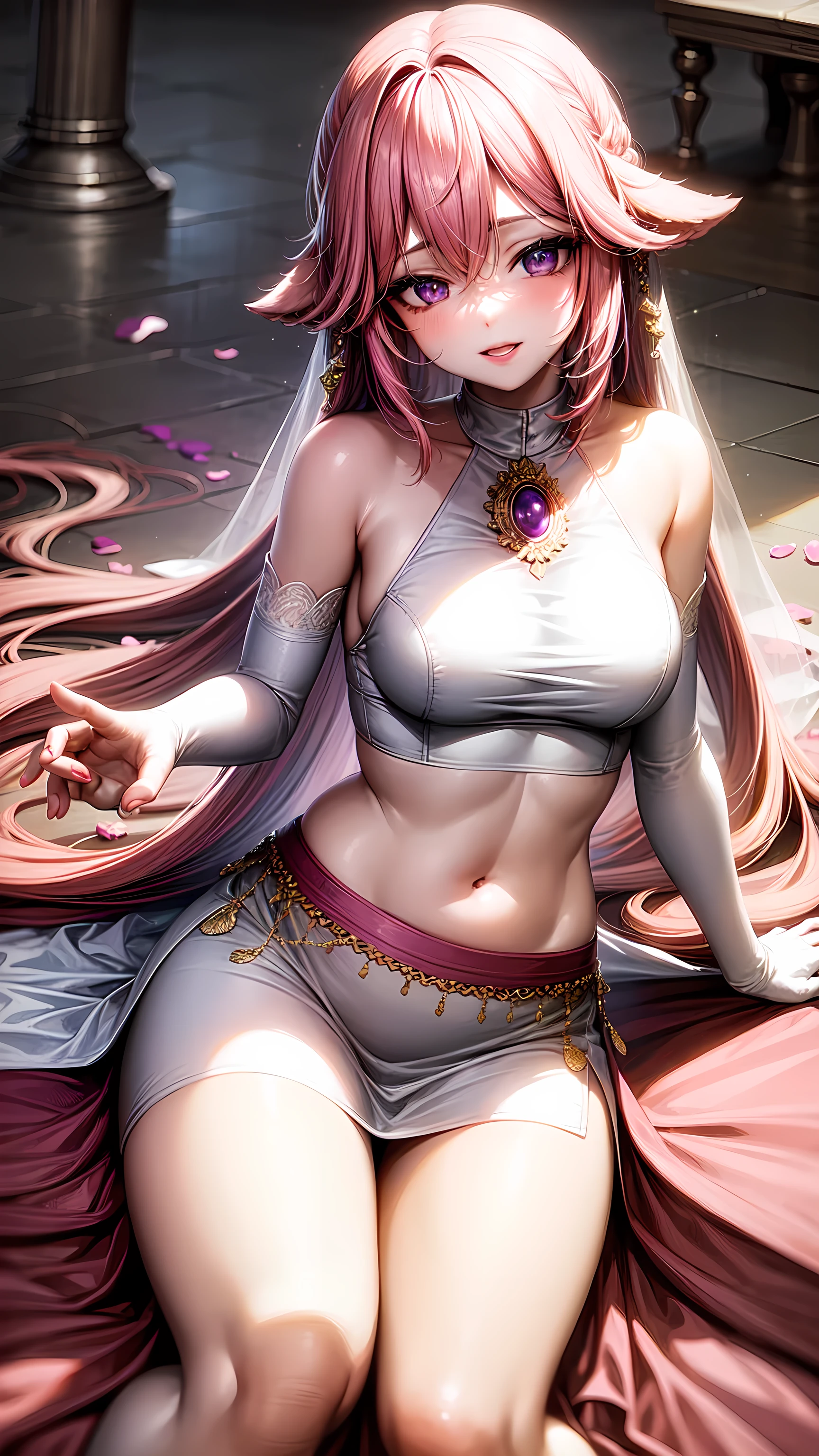 purple eyes,Wedding dress,long skirt,crop top,pink hair