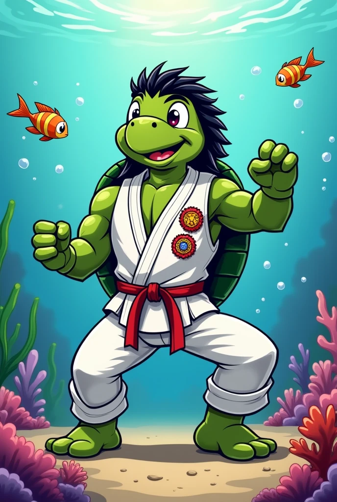 cartoon sea turtle dressed like wrestler Ricky steamboat, with black mullet, wearing white karate outfit