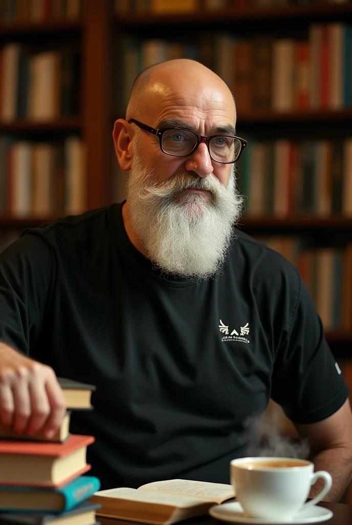 White man white beard curved nose , fully , cabeça raspada fully, round glasses dark lenses thin lips black t-shirt with books 