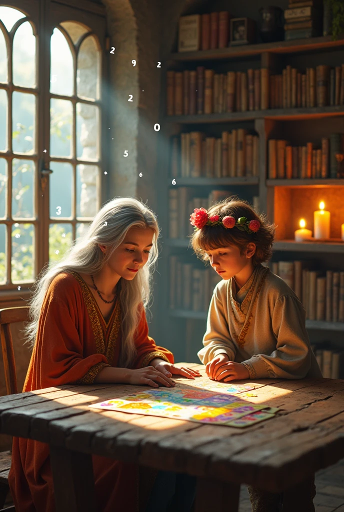 A Wise Woman or Witch explaining to a brown-haired boy and girl how to put together a number puzzle