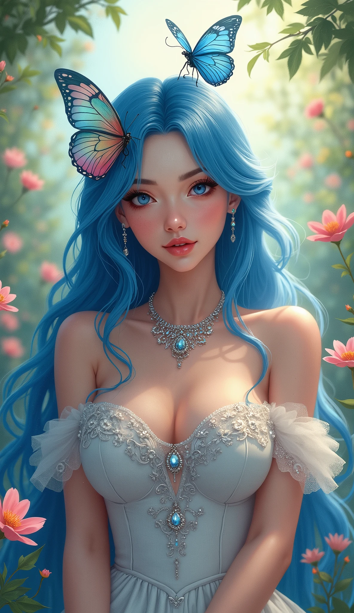 ArsMJStyle, female, The image shows a woman with blue hair and a butterfly on her head wearing a dress and a necklace. Her face is adorned with intricate details giving her a mysterious and captivating look., 1girl, breasts, solo, butterfly wings, wings, long hair, cleavage, makeup, jewelry, bare shoulders, hair ornament, large breasts, eyeshadow, blue eyes, nail polish, necklace, butterfly hair ornament, lips, blue hair, upper body