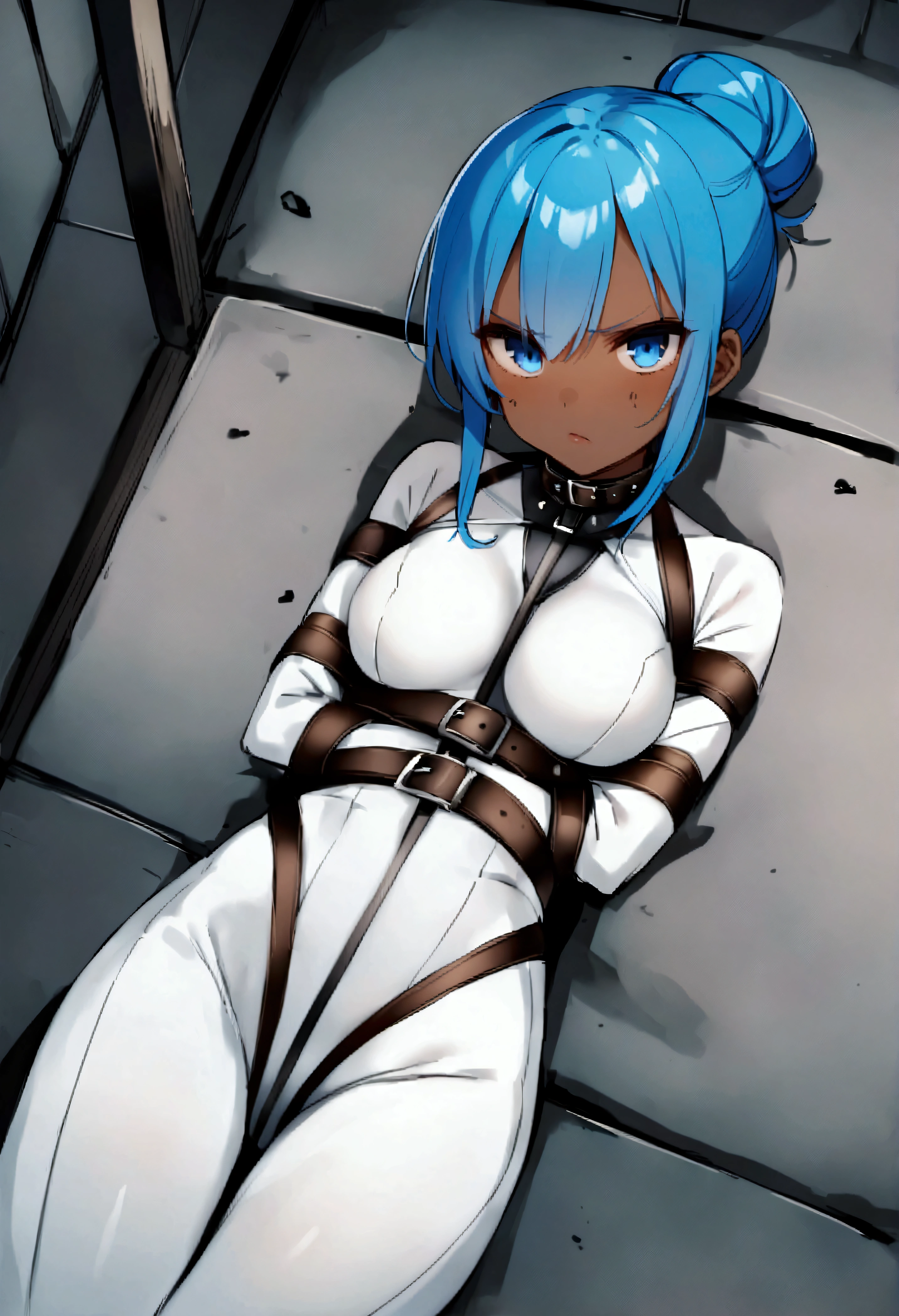 score_9、score_8_up、score_7_up、source_アニメ、1 person、solo、Viewer&#39;s perspective、In EPpkNe、Black Hair、Blue Hair、Striped Hair、Dark Skin、Dark Skinの女性、Constraints衣、Bondage、BDSM、Constraints、White bodysuit、Tied arms、belt、indoor、Underground Prison、slave、Solitary confinement、dirty、Lying、Showing off、feetを広げている、Lying on your back、feetを上げている、One Hair Bun、blue eyes、feetの裏、feet、From above、Angry、Glaring、Separating lips