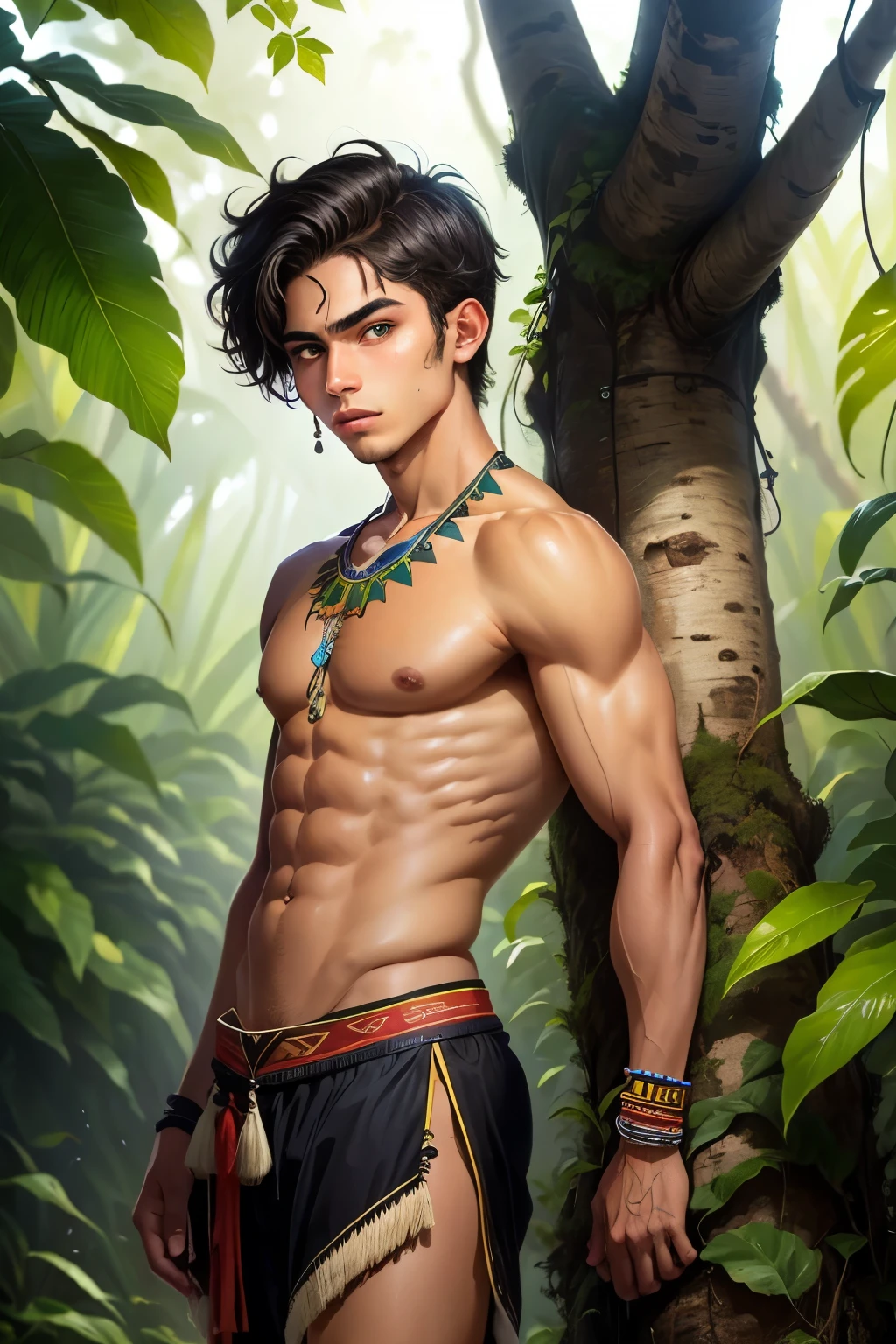 Solo, latin american boy of 19 years old, tan skin, toned, lean, black french crop hair, left eye green, right eye brown, tribal community, standing, arms crossed, front view, leaning his back against a tree, serious, tribal reveling outfit, jungle
