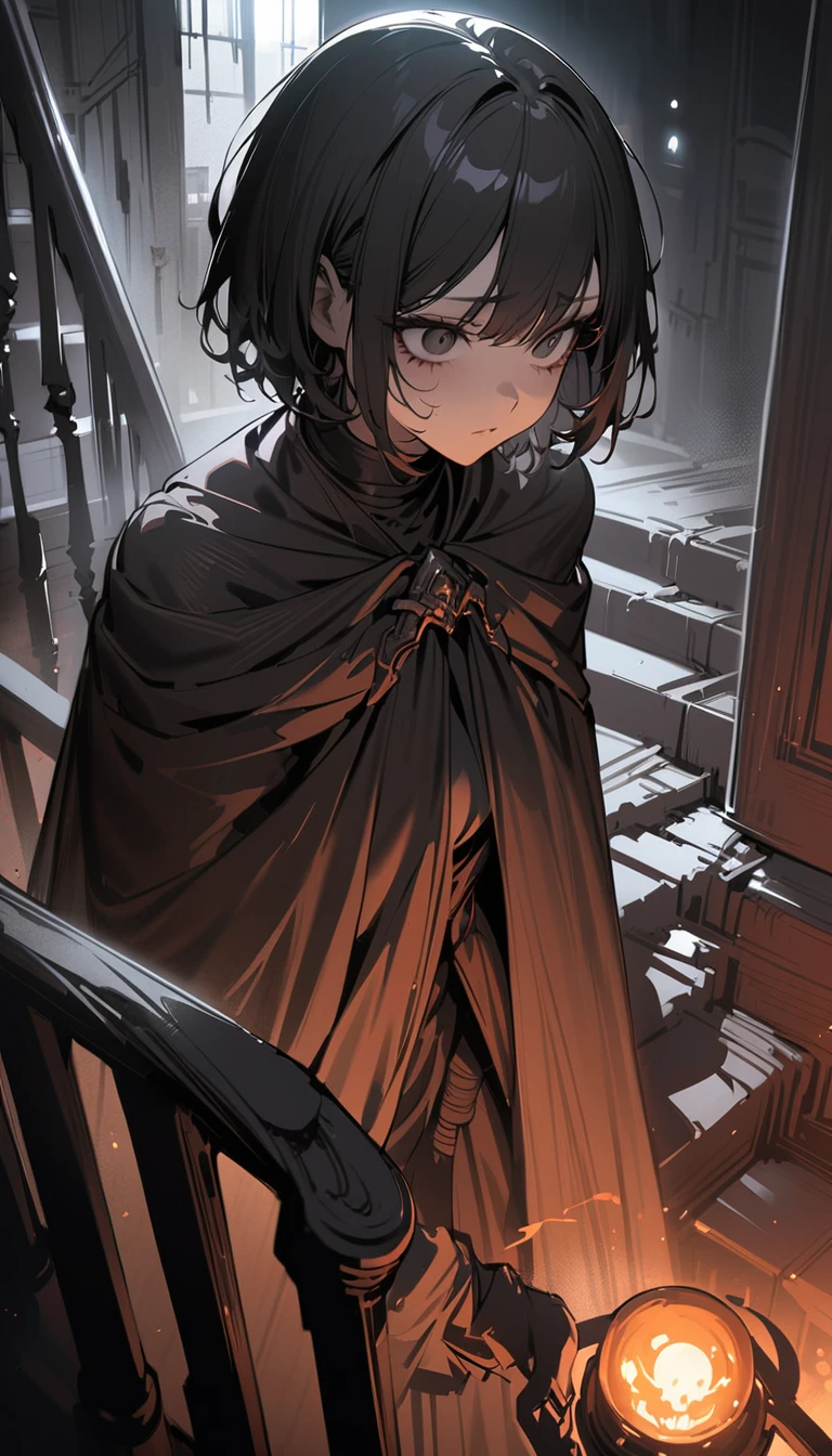 ((best quality)) , ((masterpiece)) , (detailed),1girl, short hair,  black hair, cape, staff, stairs, magic,((Horror-themed ， Eerie, unsettling, dark, spooky, suspenseful, grim, highly detailed))