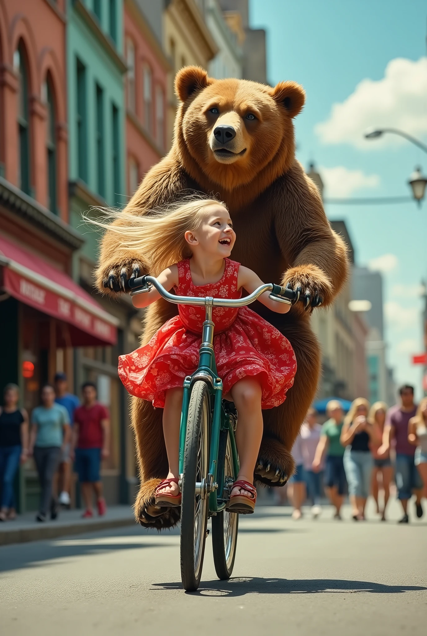 Newspaper photo\(realistic big bear pedaling bicycle, beautiful innocent blonde girl\(in red frilly dress\) sitting backwards on back of bicycle, feeling adolescent, at urban side, color photo\)