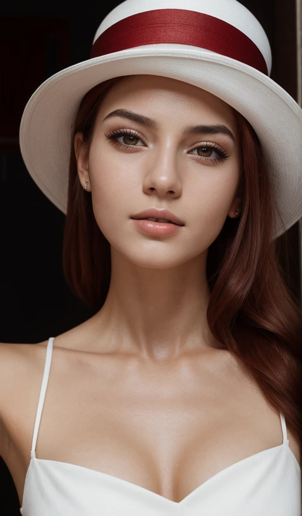 RAW photo, selfie 20 years old Brazilian woman, red hair, elegant white hat, black dress, light makeup, realistic skin texture, sharp focus, ((cinematic photorealistic)),