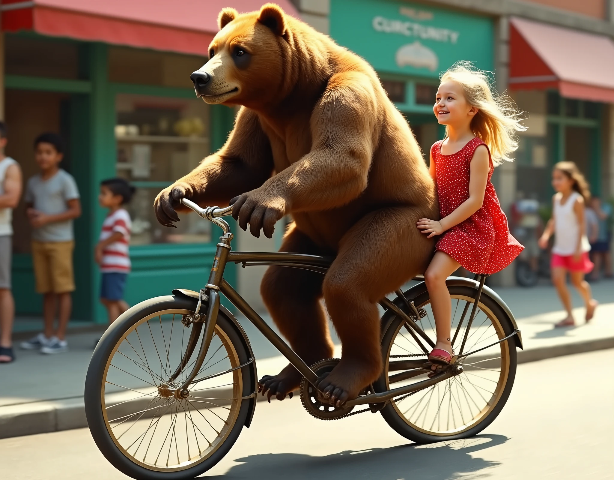 Newspaper photo\(realistic big bear pedaling bicycle, beautiful innocent blonde girl\(in red frilly dress\) sitting backwards on back of bicycle, feeling adolescent, at urban side, color photo\)