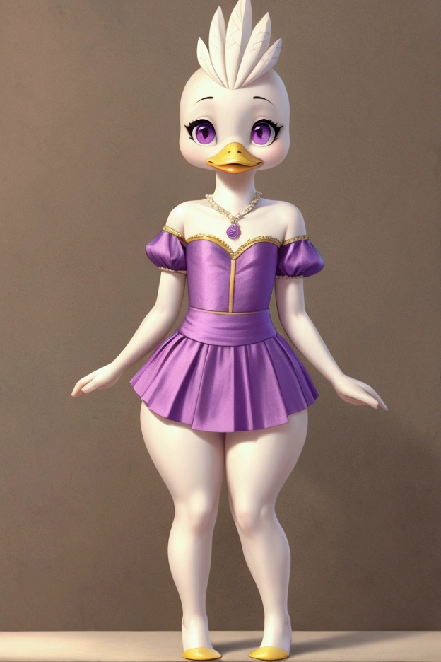 Little slim female duck with nice big thighs and white plumage and cute purple eyes and is wearing a short dress with a full body yellow mini skirt and is 8 years old.