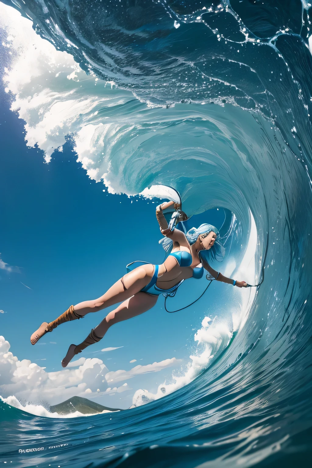 superheroine, long long gorgeous light blue hair, slender body, ((rough rope wrapped around body, tighten up)), latex, leotard, sky blue and white costume, captured, shibari, static restrained, ((arms behind back)), chained, rope bind, collared, cruelly, painful, helpless, humiliating, regrettable, ((screaming in pain)), ((running away desperately on the sea)), ((brown away by big wave)), impatient, falling body, eyes closed, ((directly large wave), lean back, body lying down, body fall down, floating in air, full body shot, on the sea