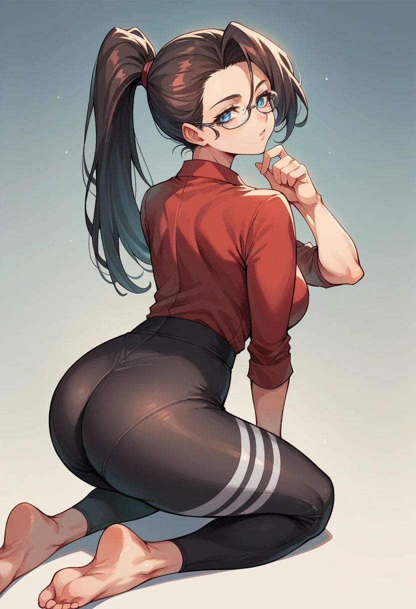beautiful woman, small breasts, small ass, brown skin color, showing pussy, glasses , ponytail hair, unclothed