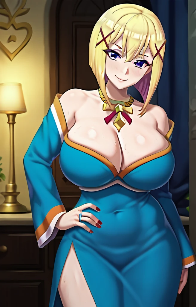 Darkness lalatina,konosuba,Big breast,Plump,Curvy figure,Golden bracelet,Half open eyes,((multi-strand necklace)),Big pearl earring,Mature,thin Classy dress,Cleavage,diamond Wedding ring,Enchanced breast,Cross hairpin,Corrupted noble,red color long nail,Queen anne cleavage,Blonde,Majestic mansion,1hand on hips,No bang hair,Noble rings,modern anime quality,Sleeve,Tight thights,Konosuba anime artstyle,Swaying hips,smile,Bob hair,Eyeshadow,red Lipstic,horny expression,Enchanched ass,Unnatural big breast,Detailed face