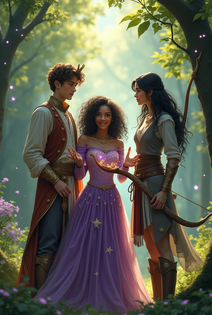 3 friends in an enchanted forest
1 17 year old man, brunette with curly hair, dressed like a prince wearing a prince's crown, no beard
1 black woman  with long curly brown hair and bangs, she has magical powers in her hands and wears a purple dress with stars
1 white woman, with long black hair, and she is dressed as a warrior using a bow and arrow