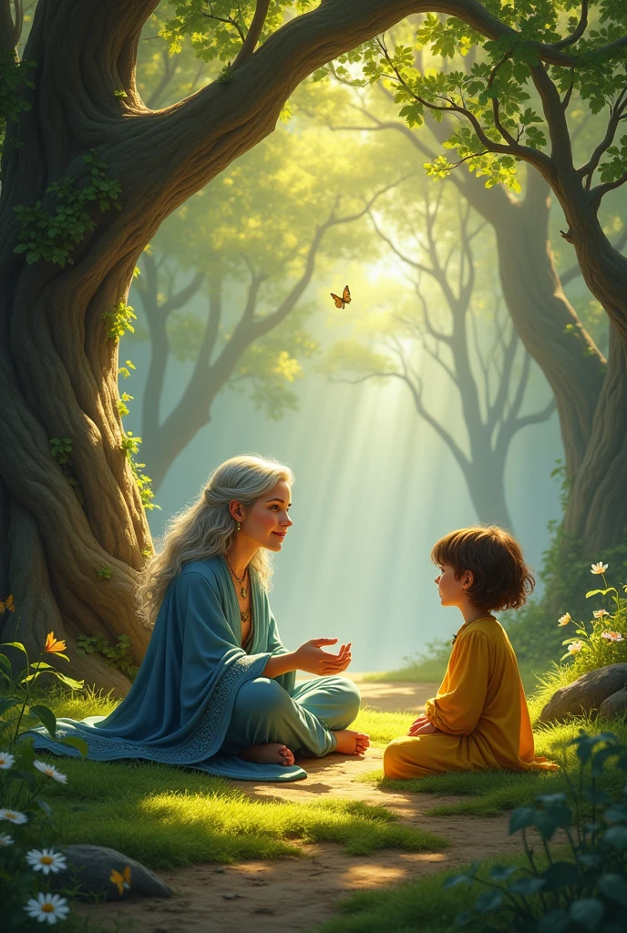 A Wise Woman or Witch explaining to a brown-haired boy and girl how to be good people and express their emotions