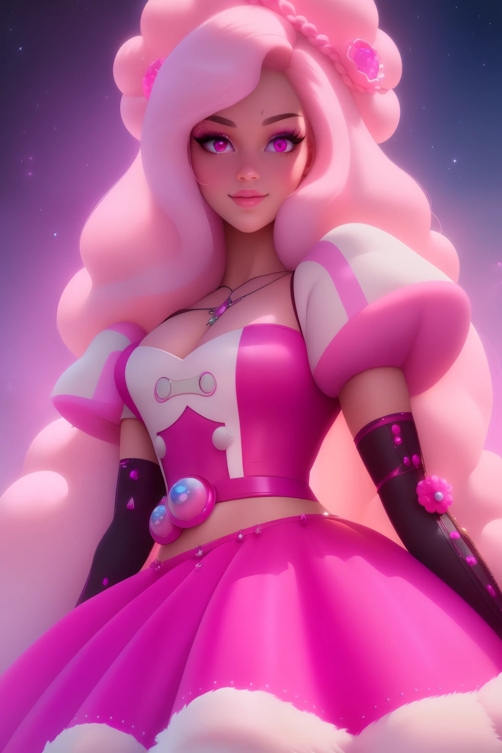 pnkdamond, pink hair, pink eyes,  long hair,  stomach gem,  pink skin,  toned, 
puffy short sleeves, elbow gloves ,  white thighs,   Puffy dress, 
standing, Upper part of the body, 
 outer space,  
(incredibly detailed, beautiful detailed face,Beautiful detailed eyes, Masterpiece, Best Quality) cinematic lighting,  SMILE, 
 