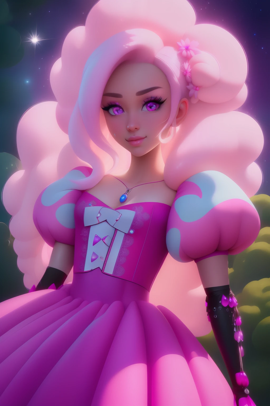 pnkdamond, pink hair, pink eyes,  long hair,  stomach gem,  pink skin,  toned, 
puffy short sleeves, elbow gloves ,  white thighs,   Puffy dress, 
standing, Upper part of the body, 
 outer space,  
(incredibly detailed, beautiful detailed face,Beautiful detailed eyes, Masterpiece, Best Quality) cinematic lighting,  SMILE, 
 