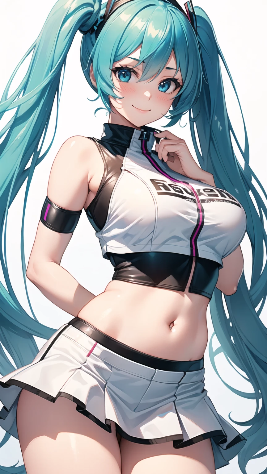 ((Tabletop, Highest quality, High resolution, Hmph, Pixel perfect, Depth of written boundary, 4K, )), One Girl, alone, , Beautiful Anime, Beautiful art style, close, View your viewers, Perfect body, Hatsune Miku・VOCALOID, Light blue hair, (Large Breasts), belly button, Blush all over face, smile, Thighs Thighs Thighs Thighs, ((Race Queen)), mini skirt, High leg, White Background, Take the lead, Raise the checkered flag, Cowboy Shot, concentrated,