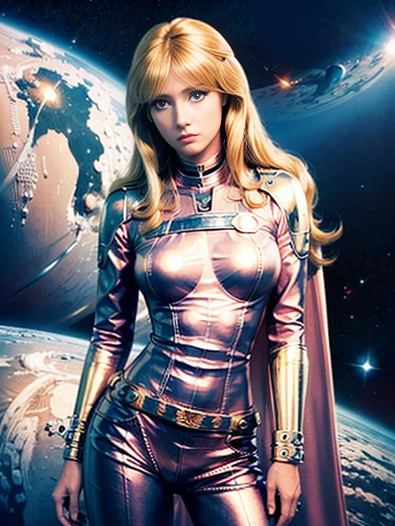 Anime style female character inspired by vintage space opera aesthetics, with elongated facial features, 165 cm tall, having blond, waist-length, wavy hair with V bangs, and blue eyes. She is wearing tight skinny jeans with high boots over them, adding an equestrian touch to her ensemble. The character's design reflects a blend of space opera elements and a realistic body proportion, highlighting her strong yet feminine presence.