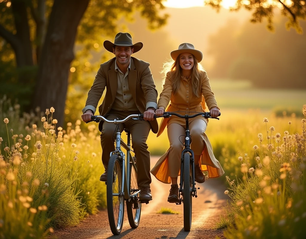a man and a woman riding a bicycle together, Paul Newman as Butch Cassidy, Katherine Ross as Etta Place, beautiful detailed portrait, 1960s style,
