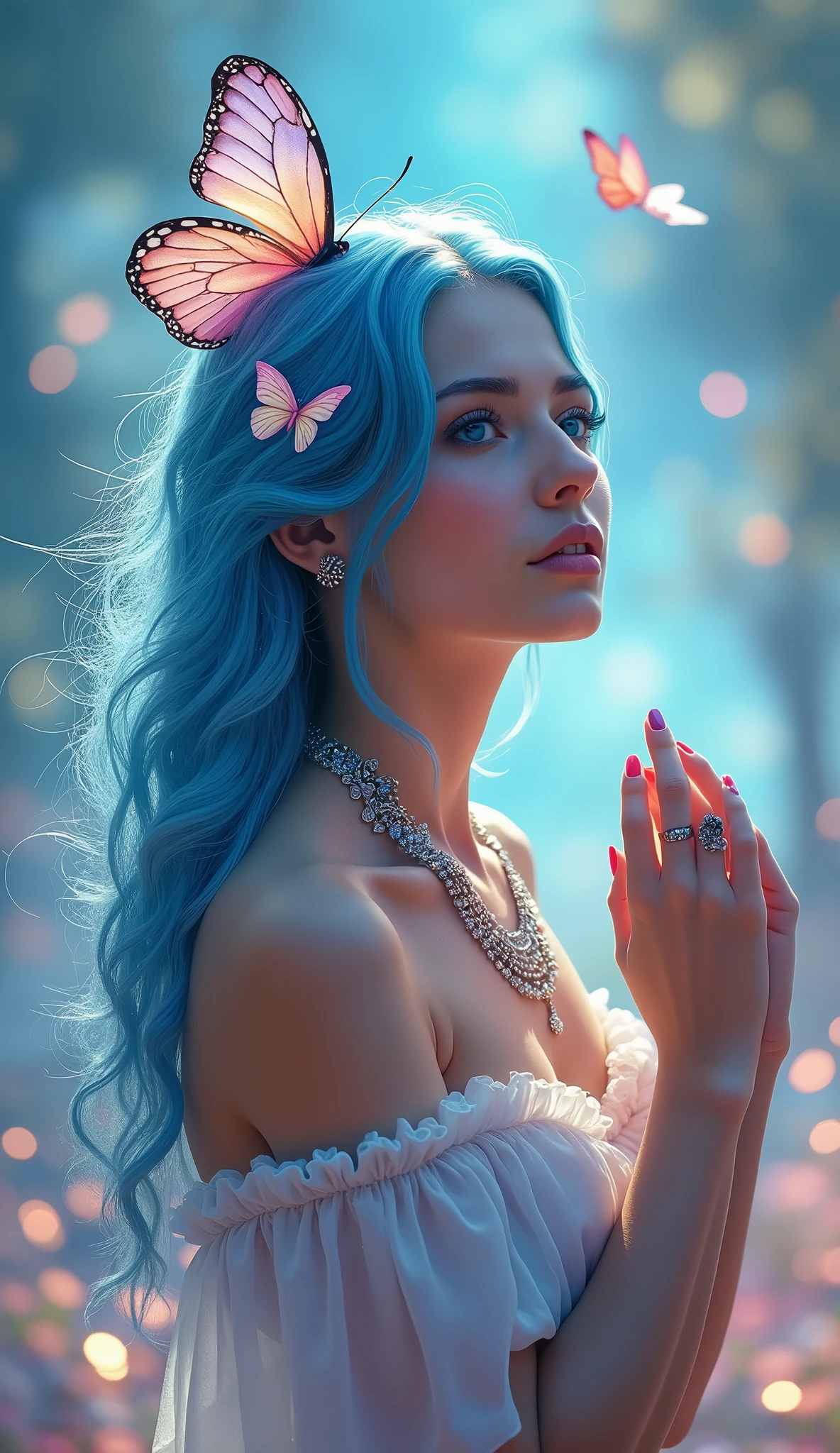 ArsMJStyle, female, The image shows a woman with blue hair and a butterfly on her head wearing a dress and a necklace. Her face is adorned with intricate details giving her a mysterious and captivating look., 1girl, breasts, solo, butterfly wings, wings, long hair, cleavage, makeup, jewelry, bare shoulders, hair ornament, large breasts, eyeshadow, blue eyes, nail polish, necklace, butterfly hair ornament, lips, blue hair, upper body